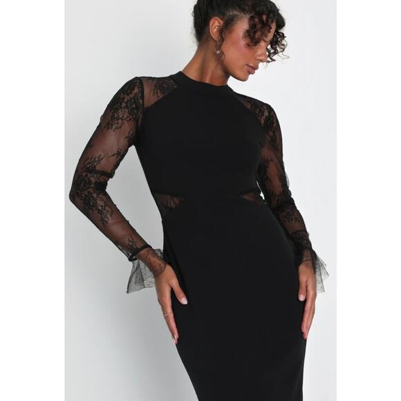 NEW Lulus Bragging Rights Black Lace Long Sleeve Column Maxi Dress - Picture 2 of 15